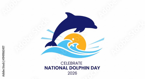 Dolphin jumping out of wave with sunset celebrate national dolphin day 2023 logo
