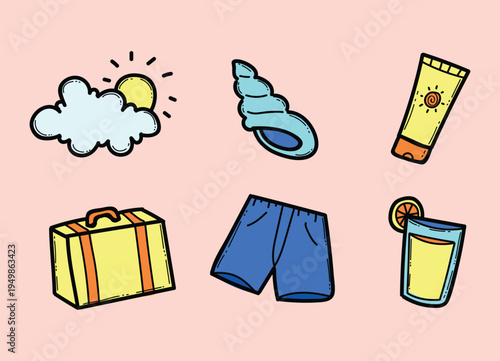 Summer Vacation Icons Set Featuring Beach Shell, Sunscreen, Suitcase, Swim Shorts and Refreshing Drink