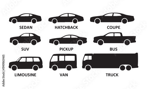 Set of car silhouettes showing different types sedan hatchback coupe suv pickup van limousine truck transport styles