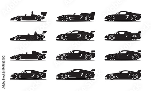 Collection of racing car silhouettes different styles formula sports coupes fast automobiles on white background vector