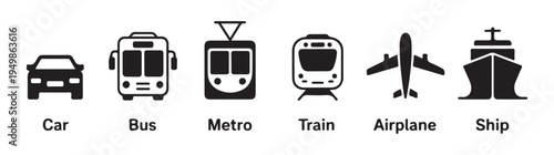 Set of flat vector icons representing different modes of public and private transportation