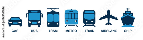 Blue and dark blue icons representing various vehicles including cars buses trams metros trains airplanes and ships