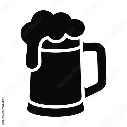 Bold black icon of a classic beer mug filled with overflowing frothy foam, symbolizing refreshment and celebration, perfect for pub or beverage-related designs.