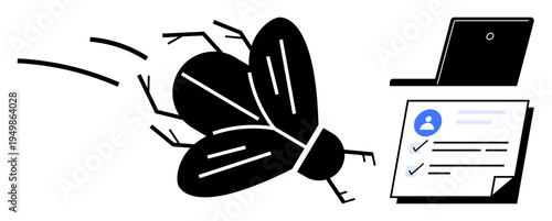 Flying bug near laptop and checklist document, symbolizing debugging in technology, error tracking, analysis, software issues, task management, quality assurance. Ideal for workflow or simple flat