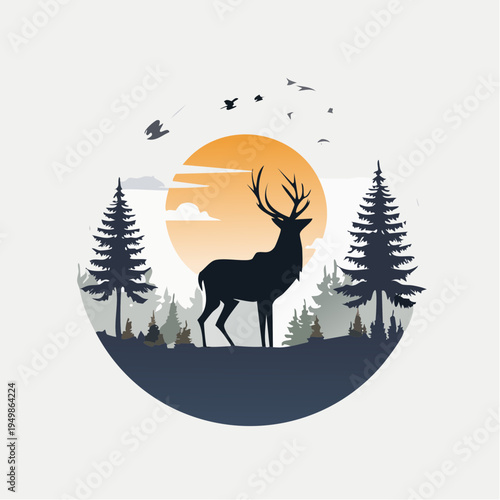 Majestic Stag Silhouette Amidst a Serene Forest Landscape at Sunset