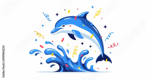 Two dolphins jumping out of water with colorful confetti and stars on white background celebrating freedom and joy in ocean