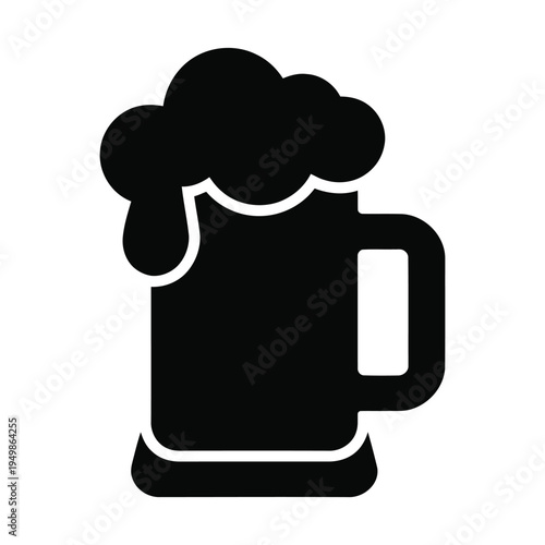 A simple, bold black silhouette of a beer mug filled to the brim with frothy foam, representing refreshment, celebration, and the enjoyment of alcoholic beverages.