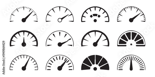 Abstract speedometer icons with various scale designs for measuring speed and performance in racing applications