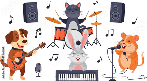 Cute Cartoon Animal Music Band Set with Dog Guitarist Cat Drummer Rabbit Keyboard Player Hamster Singer Instruments Vector Illustration Collection