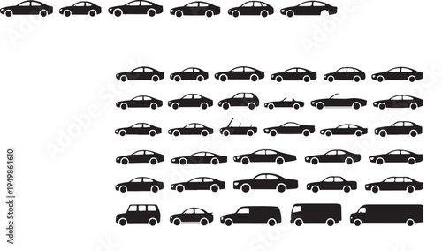 Collection of black silhouette car icons, various types including sedan, coupe, suv, and truck, transportation set