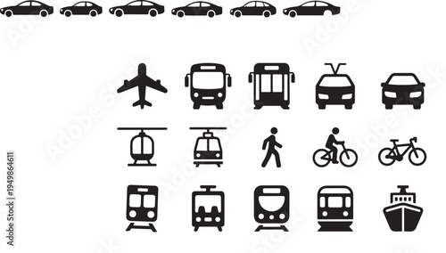 Collection of black silhouette transportation icons, including plane, bus, train, car, bicycle, pedestrian, boat