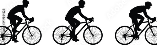 cyclist riding bicycle silhouettes collection, road bike rider side view, cycling sport activity isolated black bicycle silhouettes set