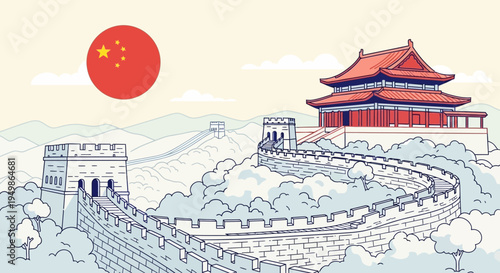 Vector illustration of Great Wall of China and pagoda with Chinese flag