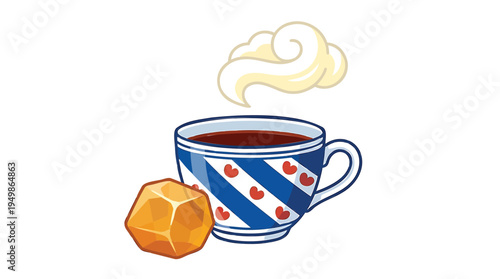 A steaming cup of coffee with sugar sits on a table indoors.