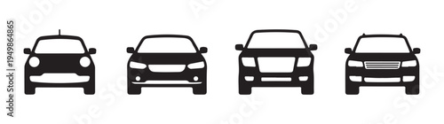 Four front view car icons showcasing different automobile styles from compact to SUV for automotive design