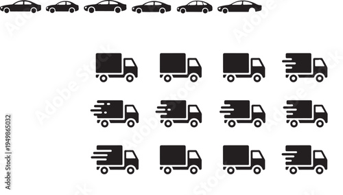 Collection of diverse truck icons for delivery and logistics services with varying styles and motion effects