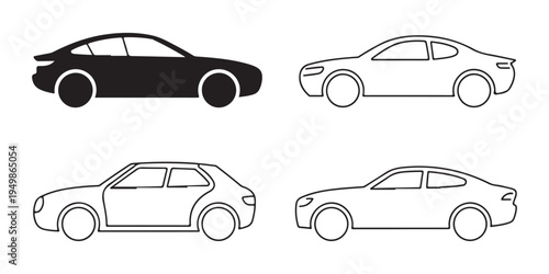Modern vehicle profile outlines and silhouettes depicting various car models for digital design and graphics