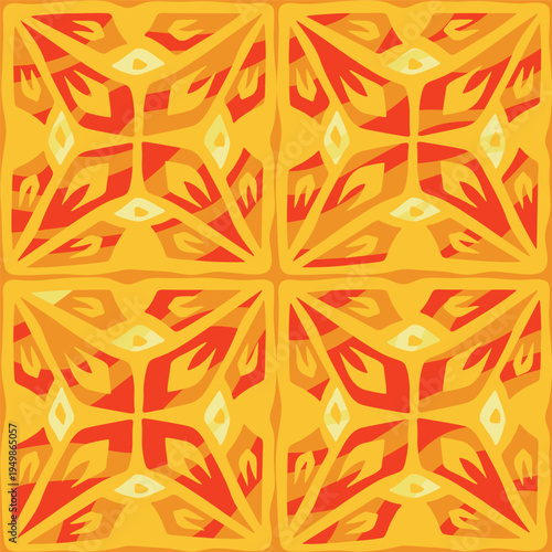 Mosaic tile yellow and orange seamless pattern. Geometric abstract ethnic texture. Abstract flower background. Print for fabric and wallpaper. Vector illustration