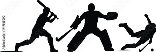 field hockey player silhouettes collection, athlete goalkeeper and stick action poses, sport competition isolated black hockey silhouettes set