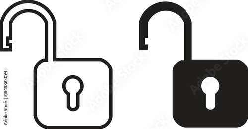 Two distinct unlocked padlock icons, one in outline style and the other solid black, symbolizing open access and security.