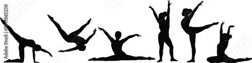 gymnastics silhouettes, female dancer poses, rhythmic gymnastics movement, acrobatic flexibility, artistic sport illustration, isolated black silhouettes on white background collection