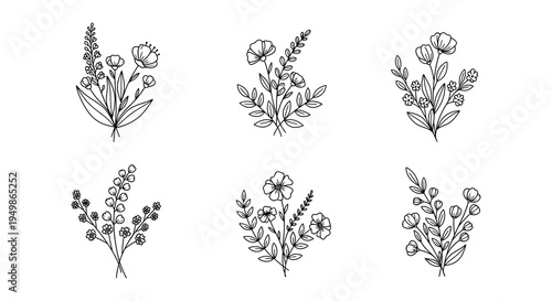 Delicate floral arrangements in a minimalist black and white line drawing style