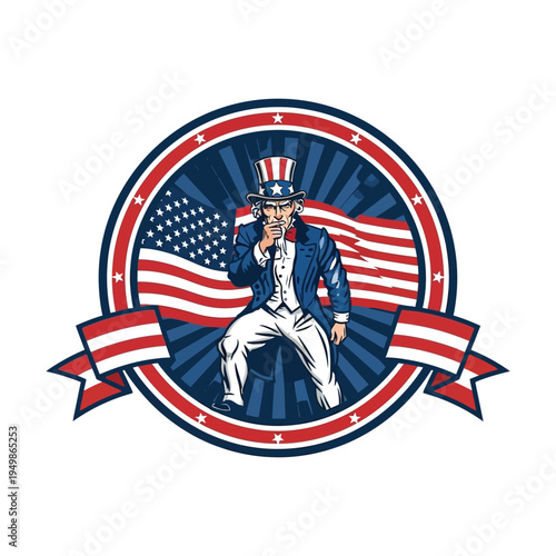 Vintage illustration of uncle sam saluting with american flag backdrop