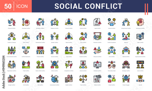 Social Conflict Icon Set. physical, emotional, workplace, religious, cultural and more. Flat Line vector icons collection.