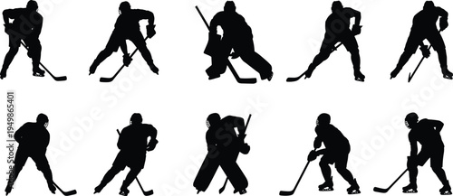 ice, hockey, player, silhouettes, sport, athletes, skating, stick, puck, action, game, competition, team, training, black, collection, isolated, motion, activity, winter
