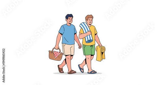 Vector illustration of two men walking on beach with summer accessories