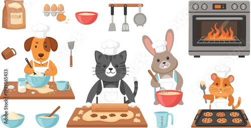 Cute Cartoon Animals Baking Set with Dog Cat Rabbit Hamster Chefs Cooking Cookies Cake Ingredients Kitchen Tools Vector Illustration Collection