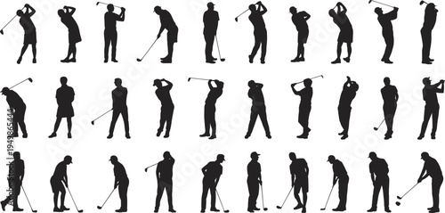 Golf player silhouettes set, men and women golfers swinging clubs, isolated sports figures, dynamic golfing poses, professional training concept