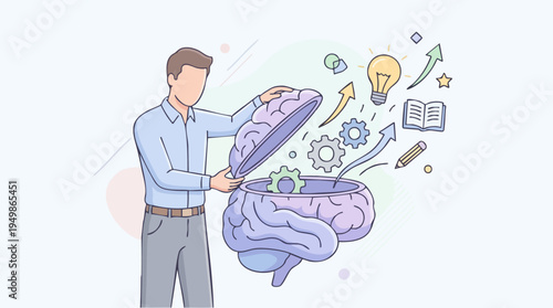 Businessman Opening a Brain with Conceptual Icons Representing Creativity Innovation and Knowledge Development
