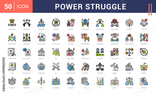 Power Struggle Icon Set. power struggle, coup attempt, dictator rule, grab power, tyrant rule and more. Flat Line vector icons collection.