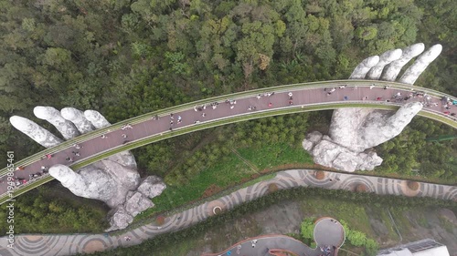 Drone Aerial View of Golden Bridge at Ba Na Hills, Da Nang Vietnam, 4K Cinematic