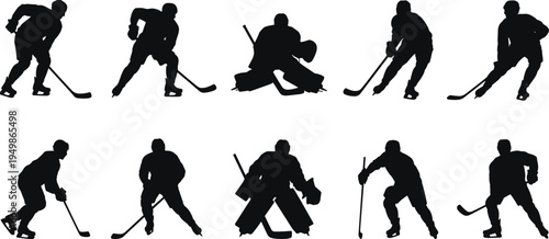 ice, hockey, players, silhouettes, set, skating, goalie, stick, puck, sport, action, game, competition, team, training, black, isolated, motion, activity, winter
