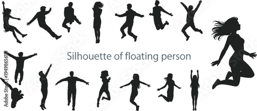 jumping people silhouettes collection, happy floating person poses, men and women jumping action isolated black silhouettes set