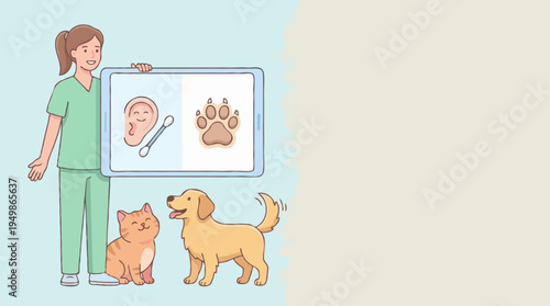 Veterinarian explaining pet care while standing with dog and cat  