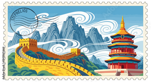 Vector illustration of Great Wall of China and pagoda on postage stamp