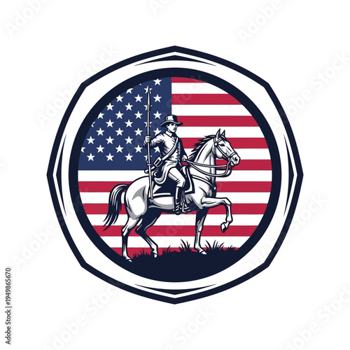 Historical emblem featuring a cavalry soldier on horseback with an american flag backdrop.