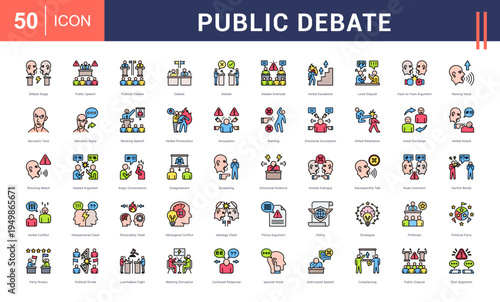 Public Debate Icon Set. debate stage, public speech, political debate, debate, debate and more. Flat Line vector icons collection.