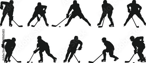 ice, hockey, players, silhouettes, set, skating, stick, puck, sport, action, game, competition, athletes, team, training, black, isolated, motion, winter, activity