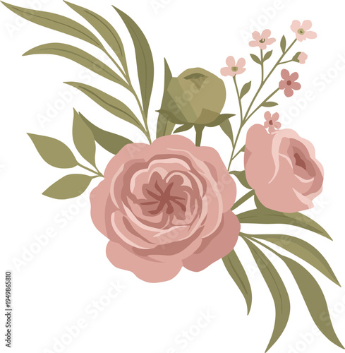 A beautiful floral arrangement of pink roses and green leaves on a white background