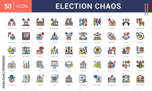 Election Chaos Icon Set. election dispute, campaign clash, civil unrest, government shutdown, public dissent and more. Flat Line vector icons collection.