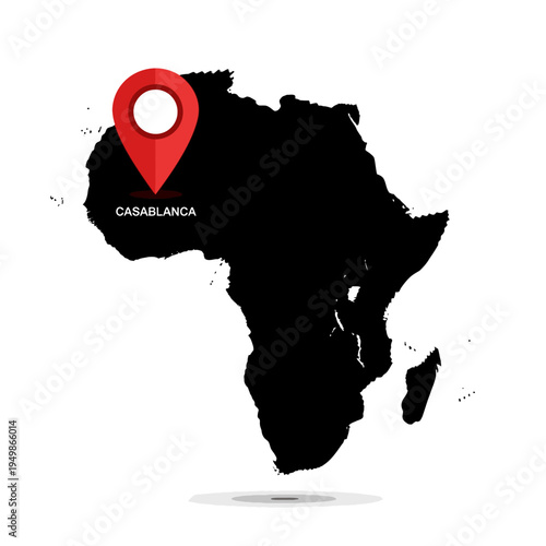 Map of Africa silhouette with Casablanca location highlighted for geographical representation