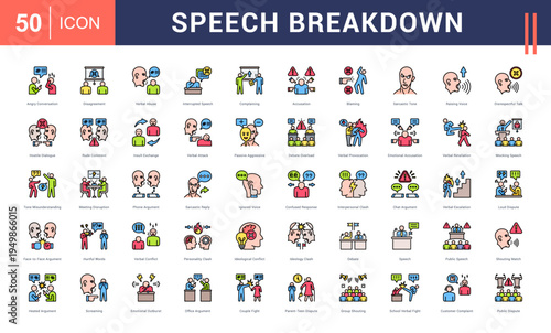 Speech Breakdown Icon Set. angry conversation, disagreement, verbal abuse, interrupted speech, complaining and more. Flat Line vector icons collection.