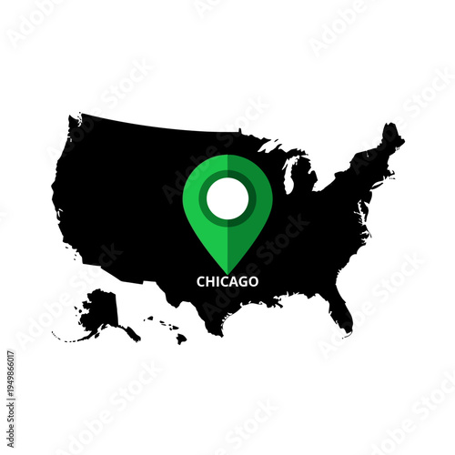 Chicago location highlighted on the United States map for travel and tourism guide graphic