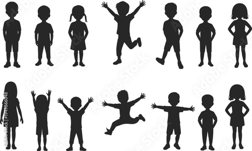 kids silhouettes collection, happy children standing and jumping poses, boy and girl playful activity silhouettes isolated black figures