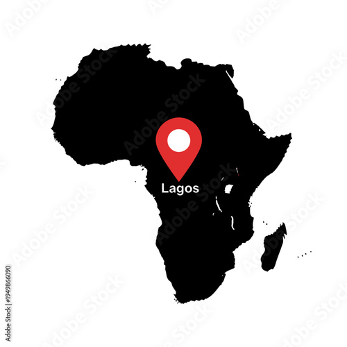 Africa continent map with lagos location pin, a vector illustration of a geographical map