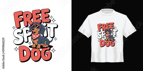 Cute cartoon dachshund dog wearing sunglasses and a bandana with "FREE SPIRIT DOG" text, ideal for t-shirt print vector design